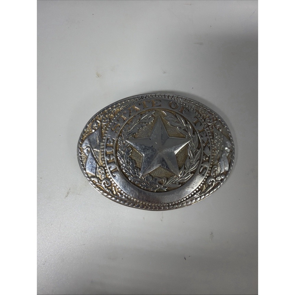 VINTAGE THE STATE OF TEXAS SILVER TONE BELT BUCKLE USA